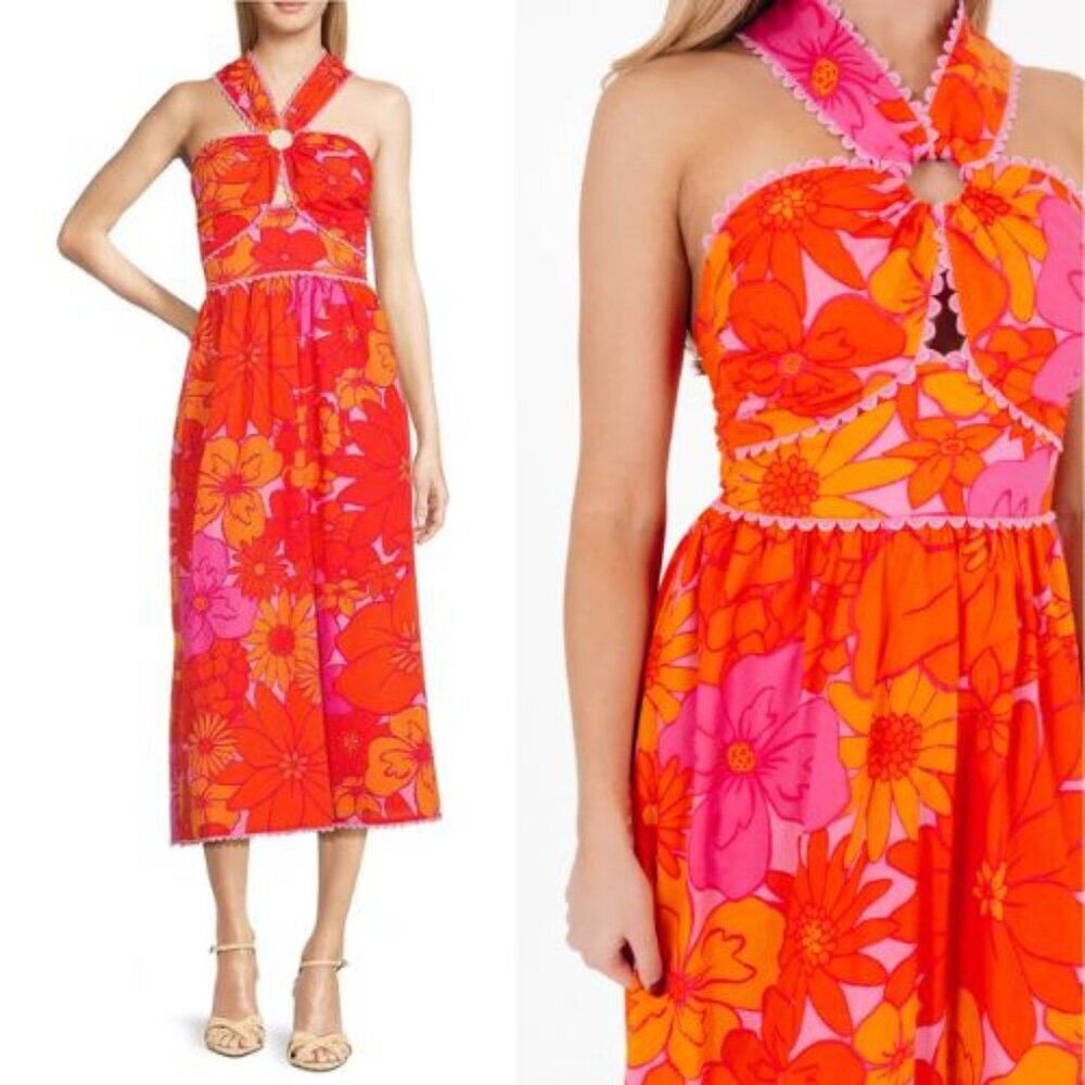 New! J.Marie Orange Floral Ric Rac Trim Midi Dress Size XS nwt 36038